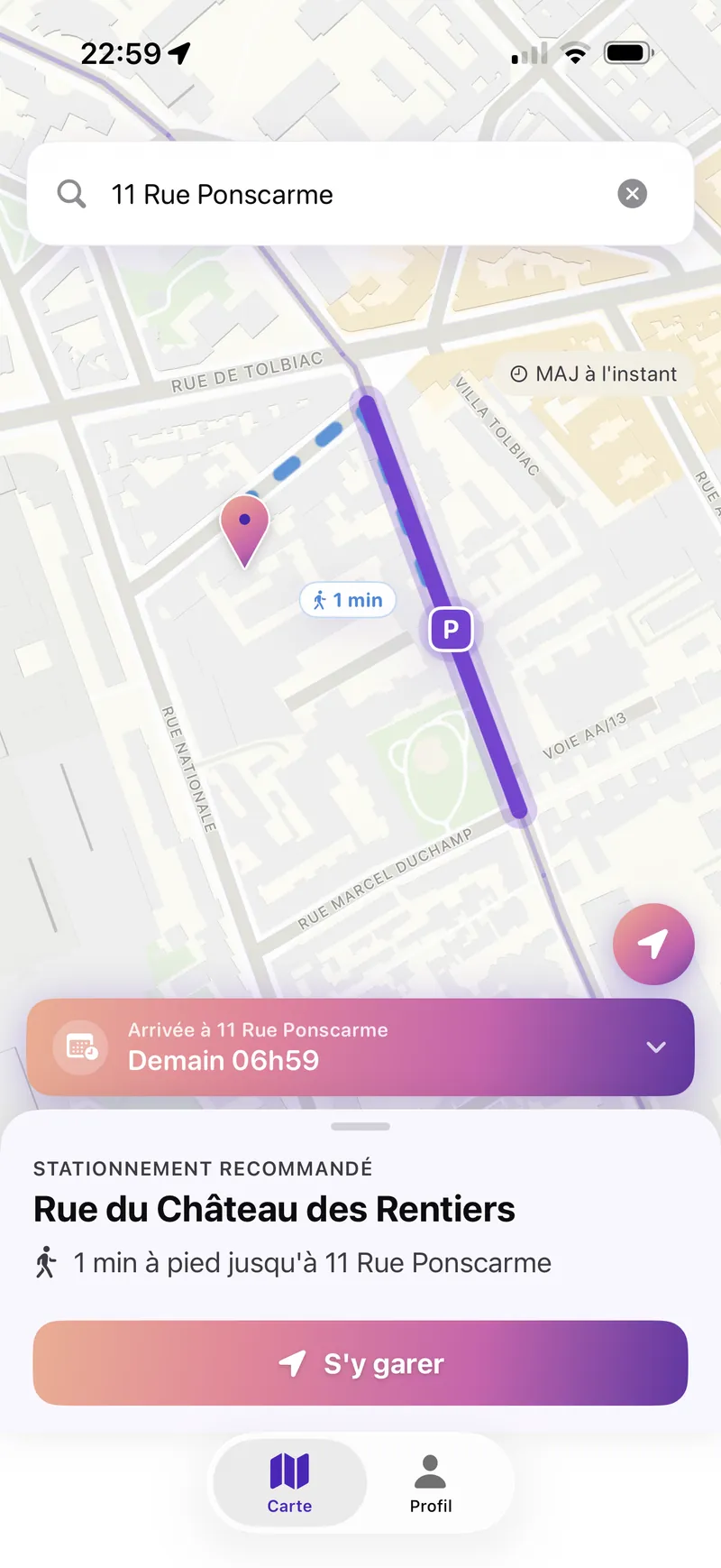 Parknest indique la rue recommandée — Rue du Château des Rentiers, 1 min à pied — sur une carte de Paris.